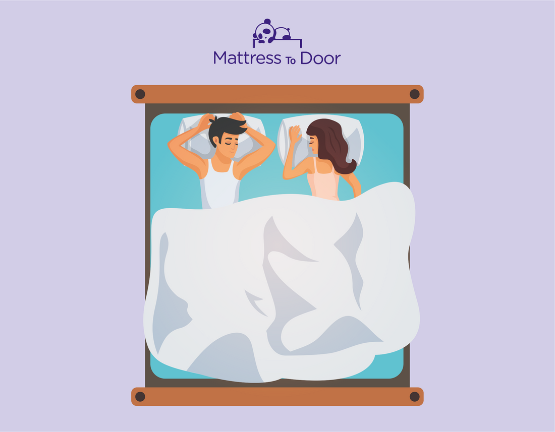 The image shows a colorful illustration of two adults male female on a full-size mattress. with the text Mattress to Door, The background is a pleasant lavender, and the bed frame is a simple brown, suggesting a light-hearted and casual atmosphere.