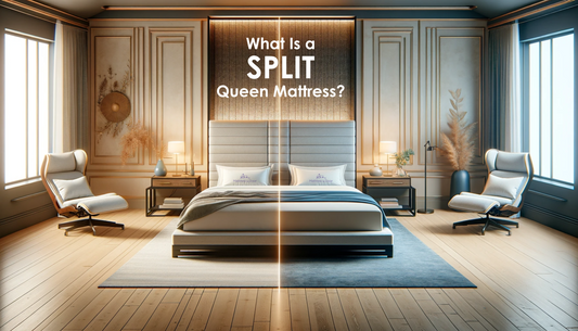 A modern and elegant bedroom featuring a split queen mattress with two distinct halves, one with firm, cool-toned bedding and the other with plush, warm-toned bedding, highlighting individual comfort.