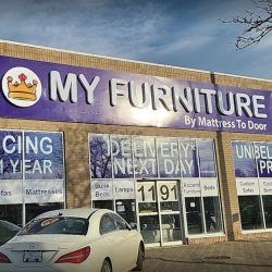 Storefront of My Furniture by Mattress To Door Stores in Mississauga, London, Scarborough, Brampton, advertising next-day delivery and year-round unbeatable pricing.